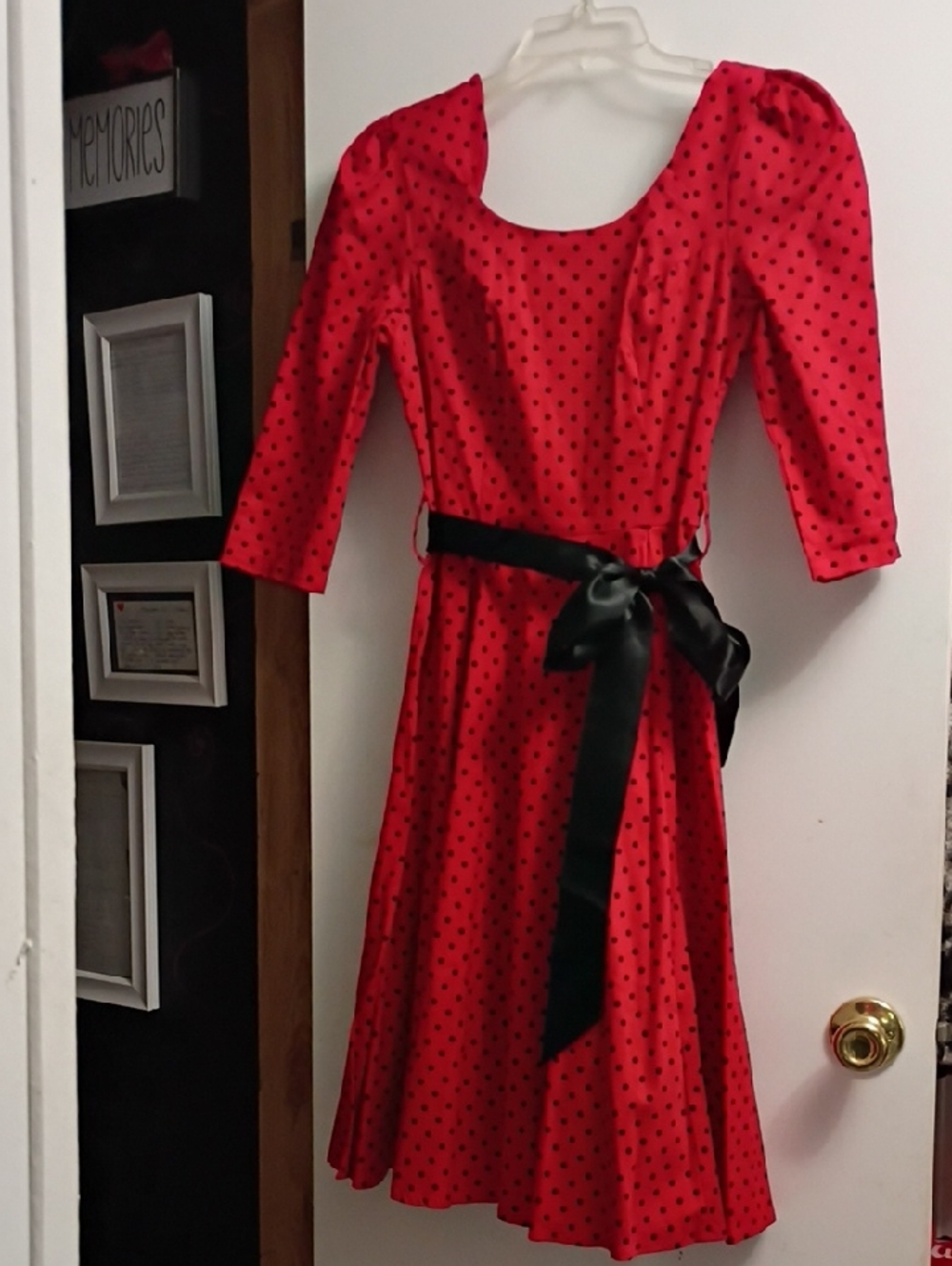 Red Polka Dot Long-Sleeve Fit & Flare Dress with Black Sash